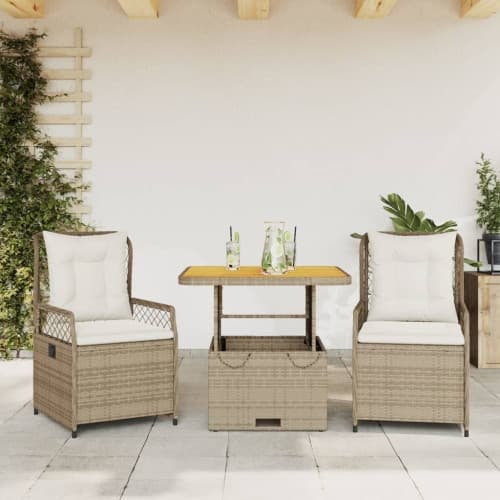 Matgrupp för trädgården 3 delar med dynor beige konstrotting