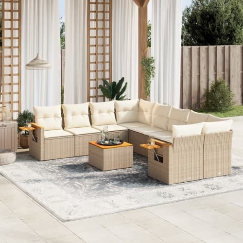 Soffgrupp för trädgården med dynor 9 delar beige konstrotting