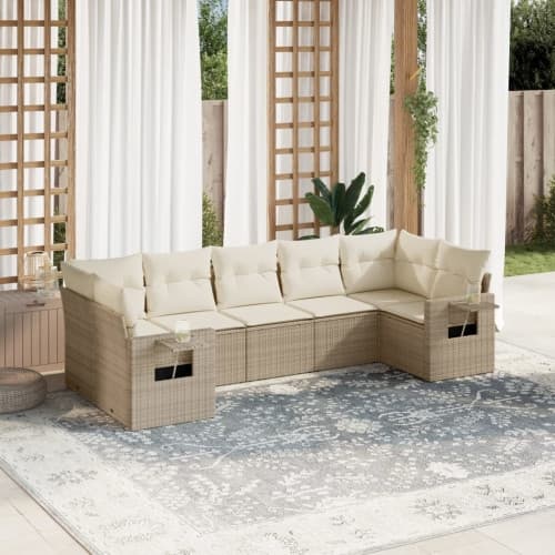 Matgrupp för trädgården med dynor 7 delar beige konstrotting