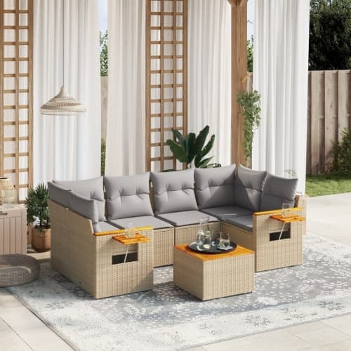 Matgrupp för trädgården med dynor 7 delar beige konstrotting