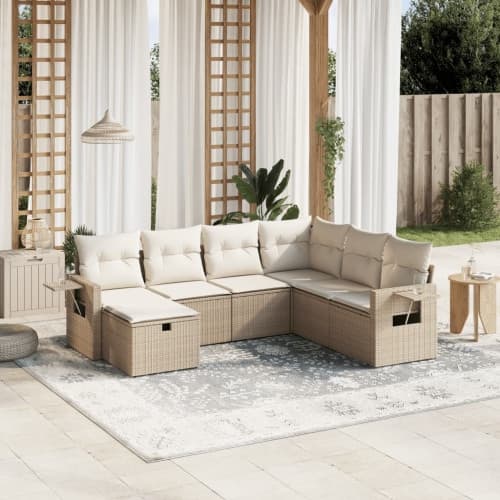 Matgrupp för trädgården med dynor 7 delar beige konstrotting