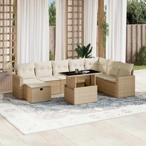 Soffgrupp för trädgården med dynor 9 delar beige konstrotting