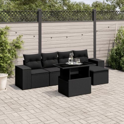 Loungegrupp med dynor 6 delar svart konstrotting