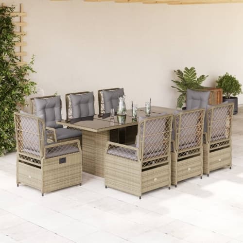 Matgrupp för trädgården med dynor 9 delar beige konstrotting