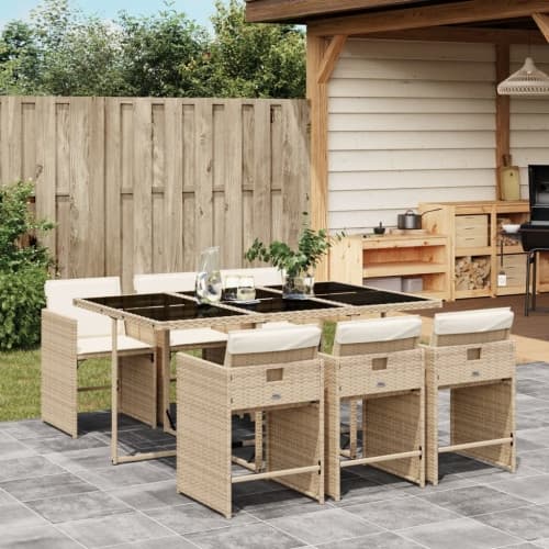Matgrupp för trädgården med dynor 7 delar beige konstrotting