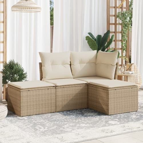 Soffgrupp för trädgård med dynor 4 delar beige konstrotting