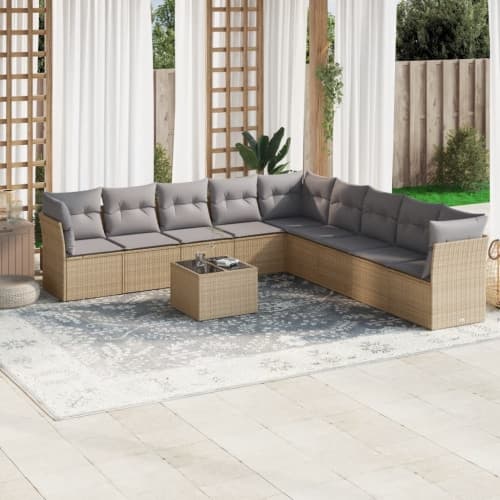 Soffgrupp för trädgård med dynor 10 delar beige konstrotting