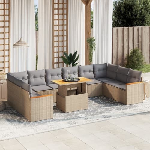Loungegrupp för trädgården m. dynor 11 delar beige konstrotting
