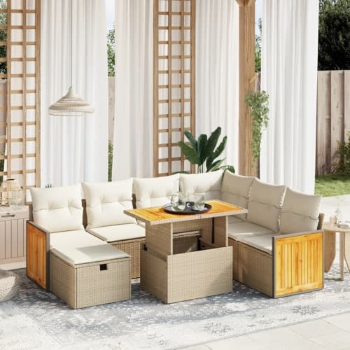 Matgrupp för trädgården med dynor 8 delar beige konstrotting