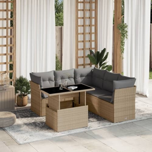 Soffgrupp för trädgården med dynor 6 delar beige konstrotting