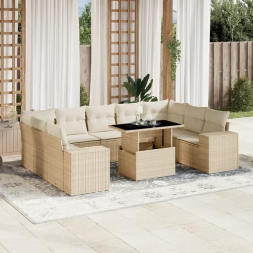 Soffgrupp för trädgård med dynor 10 delar beige konstrotting