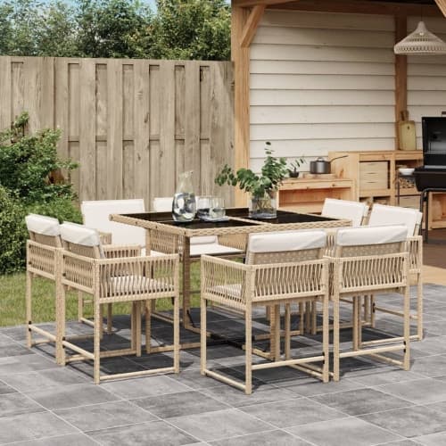 Matgrupp för trädgården med dynor 9 delar beige konstrotting