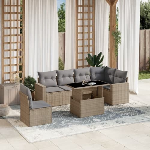 Matgrupp för trädgården med dynor 7 delar beige konstrotting