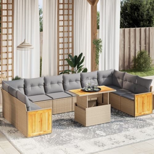 Loungegrupp för trädgården m. dynor 11 delar beige konstrotting