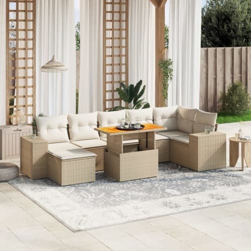 Matgrupp för trädgården med dynor 8 delar beige konstrotting