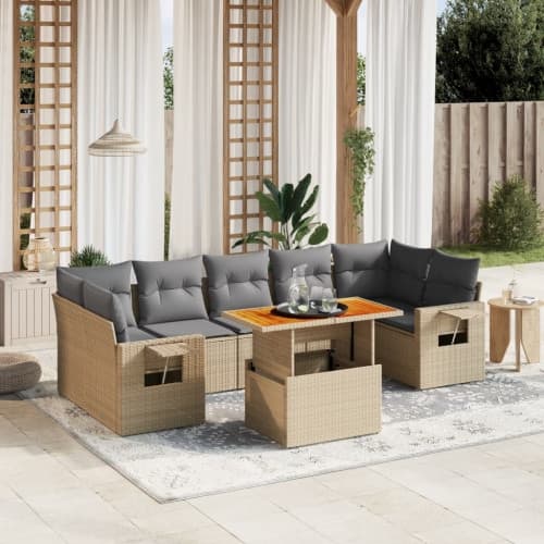 Matgrupp för trädgården med dynor 8 delar beige konstrotting