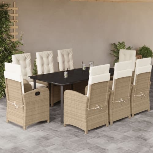 Matgrupp för trädgården med dynor 9 delar beige konstrotting