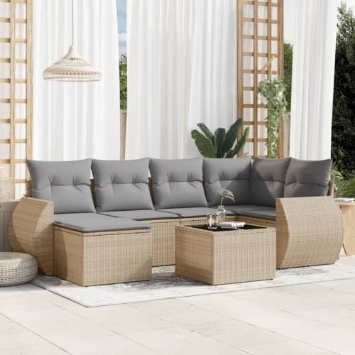 Matgrupp för trädgården med dynor 7 delar beige konstrotting