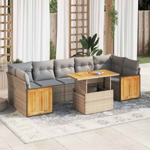 Trädgårdssoffset med dynor 8 delar beige konstrotting akaciaträ