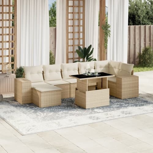 Matgrupp för trädgården med dynor 8 delar beige konstrotting
