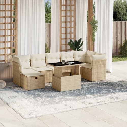 Matgrupp för trädgården med dynor 8 delar beige konstrotting