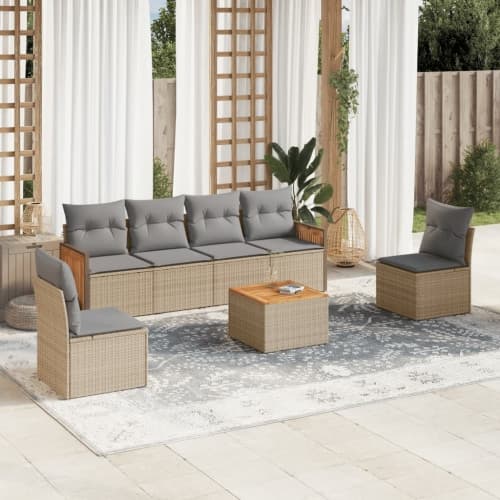 Matgrupp för trädgården med dynor 7 delar beige konstrotting