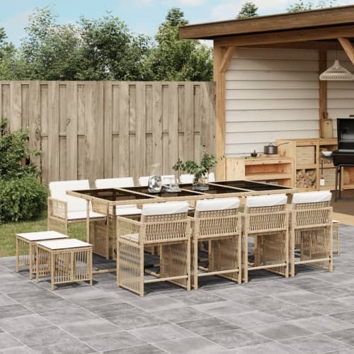 Matgrupp för trädgården med dynor 13 delar beige konstrotting