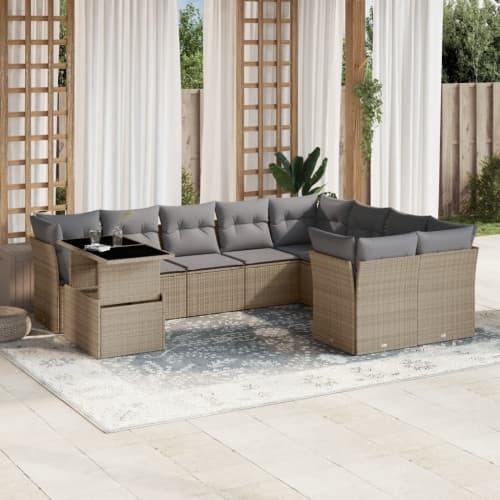 Soffgrupp för trädgård med dynor 10 delar beige konstrotting