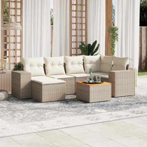 Matgrupp för trädgården med dynor 7 delar beige konstrotting