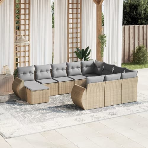 Loungegrupp för trädgården m. dynor 11 delar beige konstrotting