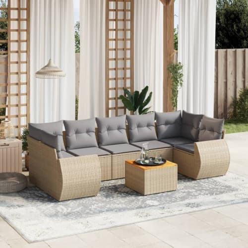 Matgrupp för trädgården med dynor 8 delar beige konstrotting