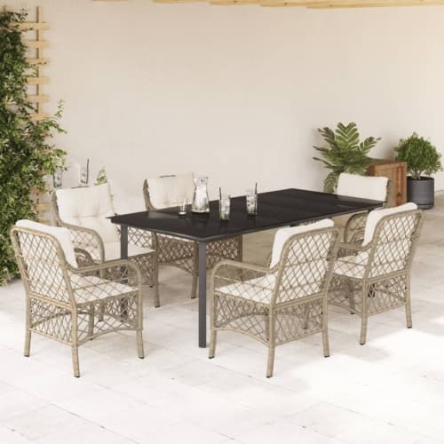 Matgrupp för trädgården med dynor 7 delar beige konstrotting
