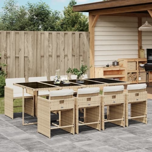 Matgrupp för trädgården med dynor 9 delar beige konstrotting