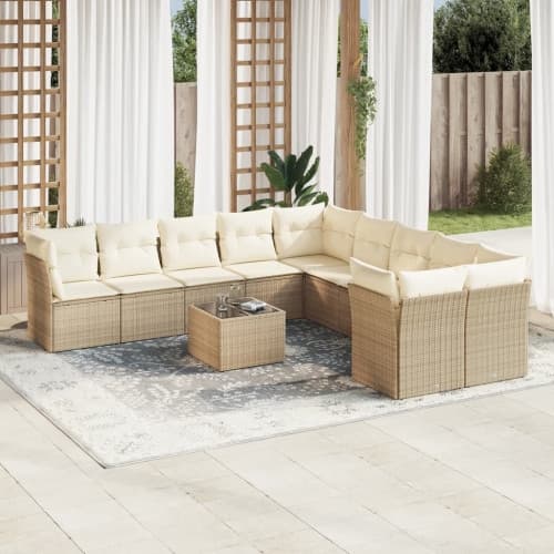 Loungegrupp för trädgården m. dynor 11 delar beige konstrotting