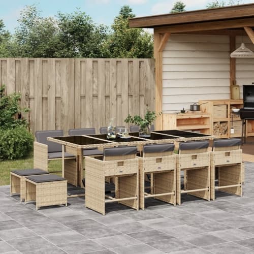 Matgrupp för trädgården med dynor 13delar mixbeige konstrotting
