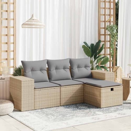 Soffgrupp för trädgård med dynor 4 delar beige konstrotting