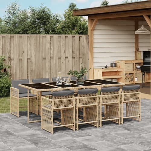 Matgrupp för trädgården med dynor 9 delar mixbeige konstrotting
