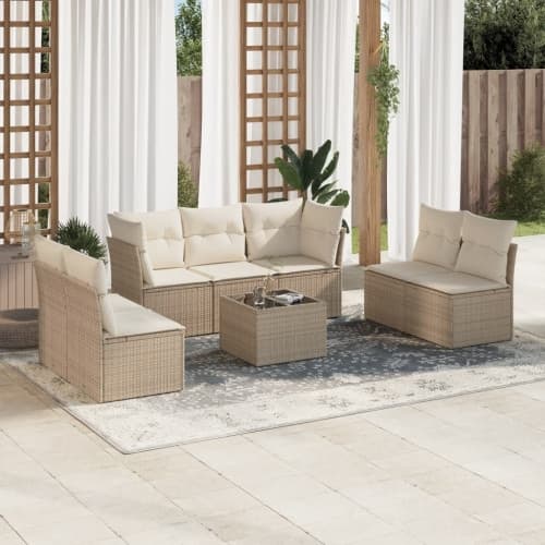 Matgrupp för trädgården med dynor 8 delar beige konstrotting