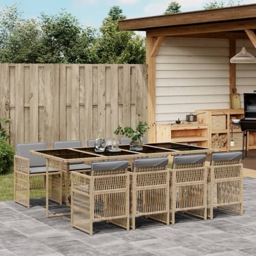 Matgrupp för trädgården med dynor 9 delar mixbeige konstrotting