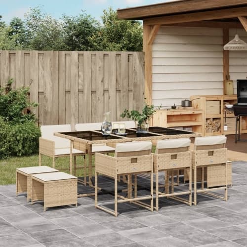Matgrupp för trädgården med dynor 11 delar beige konstrotting