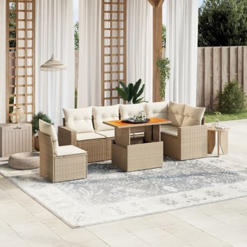 Matgrupp för trädgården med dynor 7 delar beige konstrotting