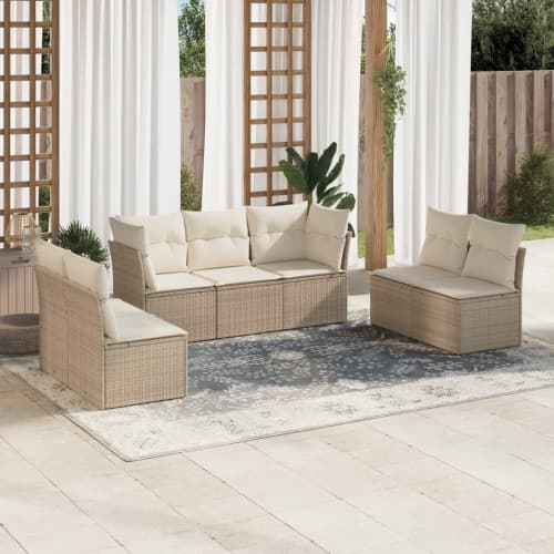Matgrupp för trädgården med dynor 7 delar beige konstrotting