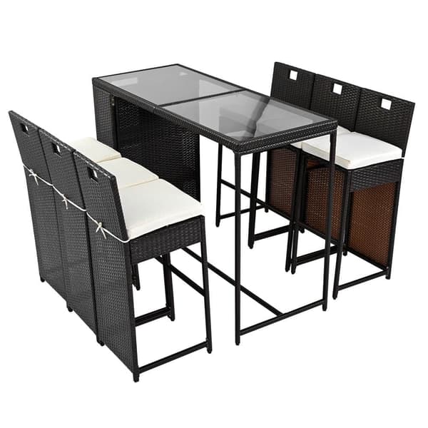 Havelounge, havebar i 7 dele med hynder, 6 taburetter og en høj stol, bordplade i hærdet glas, sort-rødbrun