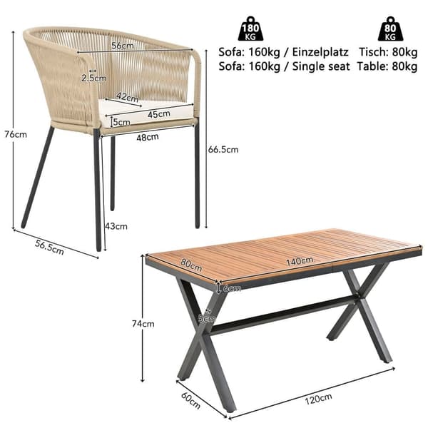 Trädgårdsbord och stolar - 6 platser - 1 bord i akaciaträ och 6 stolar dekorerade med rep - Beige