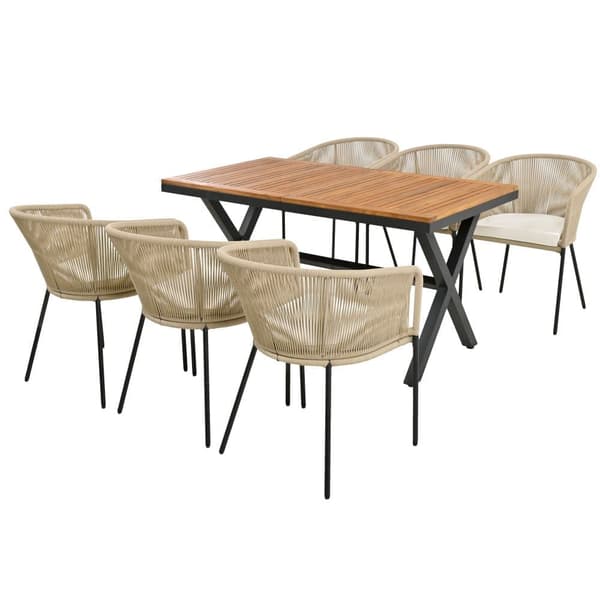 Trädgårdsbord och stolar - 6 platser - 1 bord i akaciaträ och 6 stolar dekorerade med rep - Beige