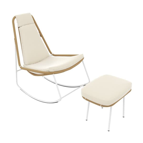 Sæt med 2 gyngestole, lavet af galvaniseret stål, med flettet reb, med fodstøtter, beige + brun