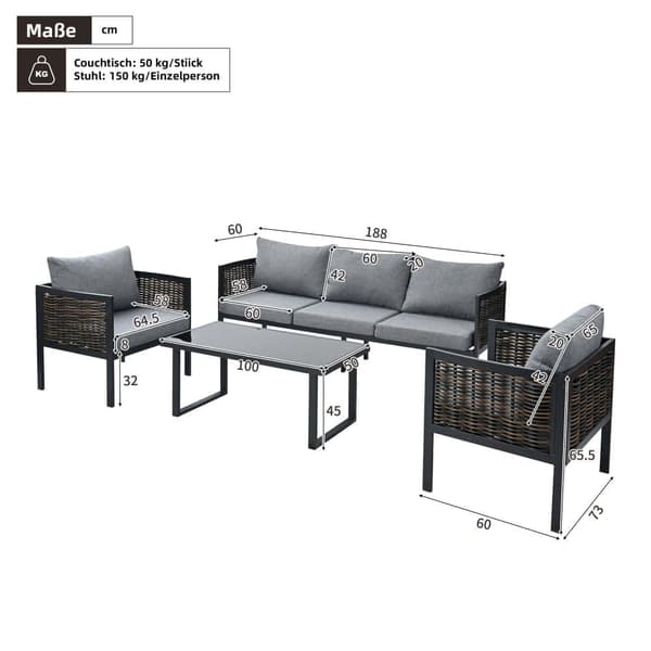 Havemøbelsæt med 5 dele (sofa + 2 lænestole + sofabord) - Udendørs - Vævet polyrattan - Galvaniseret stål - Grå