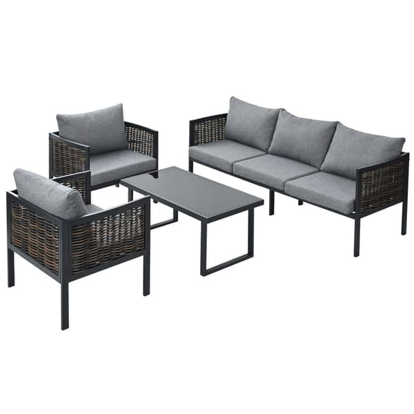 Havemøbelsæt med 5 dele (sofa + 2 lænestole + sofabord) - Udendørs - Vævet polyrattan - Galvaniseret stål - Grå