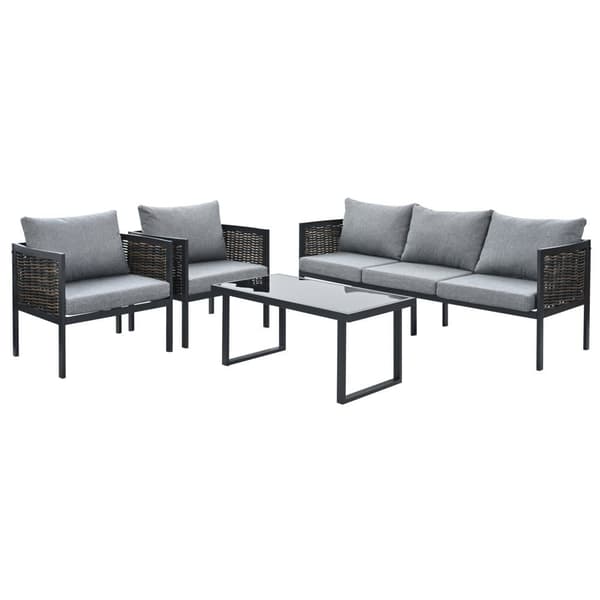 Havemøbelsæt med 5 dele (sofa + 2 lænestole + sofabord) - Udendørs - Vævet polyrattan - Galvaniseret stål - Grå