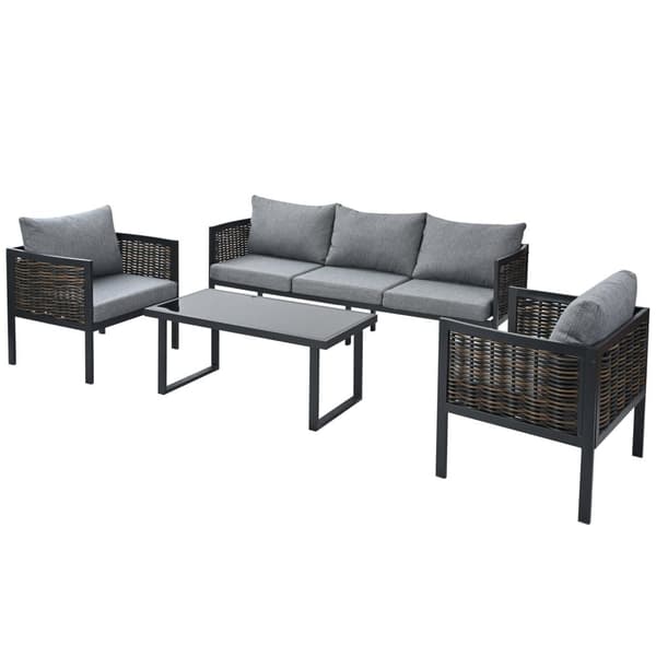 Havemøbelsæt med 5 dele (sofa + 2 lænestole + sofabord) - Udendørs - Vævet polyrattan - Galvaniseret stål - Grå